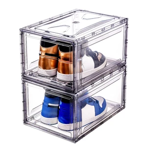 Wholesale Transparent Plastic Sneaker Stackable Shoe Storage Boxes Drop Front Acrylic Drawer Type Magnetic Clear Shoe Box
