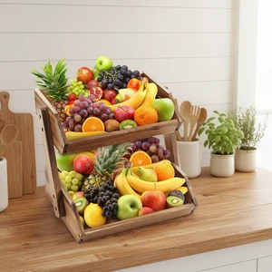Large Capacity Acacia Food Storage Shelf Wooden Multi-layer Vegetable Rack Fruit Basket For Kitchen Counter