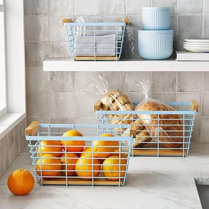 Sam's Choice Set Of 3 Metal Wire Basket With Wood Base Space-Saving Iron Kitchen & Bathroom Storage & Cleaning Solution