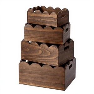 4-Piece Scalloped Wooden Baskets Handles 4 Sizes Polished Rectangular Countertop Storage Boxes For Fruit/Veg