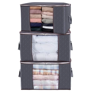 Large Capacity Gray Nonwoven Quilt Storage Bag with Clear Window Folding Design for Under Bed Clothes Blanket Bedding Organizer