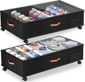 Under Bed Storage with Wheels, Under the Bed Storage Organizer Bins With Handles,Space Saving Design for Clothes,Shoes,Books