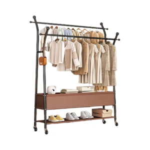 Factory Wholesale Large Capacity Clothing Storage Coat Rack Double-Rod Thick Metal Cloth Rack for Bedroom Balcony