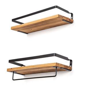 Modern Rustic Floating Wall Shelves Elegant Matte Black Metal Frame With Triangle Bracket 2 Rails Decorative Wood Storage Set