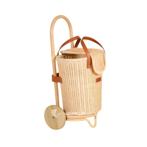 Vintage Hand Woven Rattan Picnic Trolley Storage Basket for Living Room & Kitchen