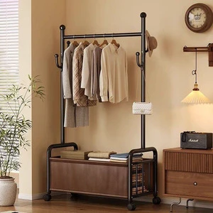 Modern Home Furniture Floor Standing Coat Rack with Basket and Wheels Indoor Storage Clothes Rack