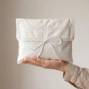 High End White Cotton Twill Envelope Clothes Bag With Lace Custom Logo Printed Hair Bundle Extension Shoe Packing Dust Pouch
