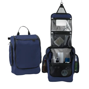 Professional Custom Navy Blue Hanging Toiletry Bag Large Capacity Travel Wash Organizer Nylon Vertical Shower Case