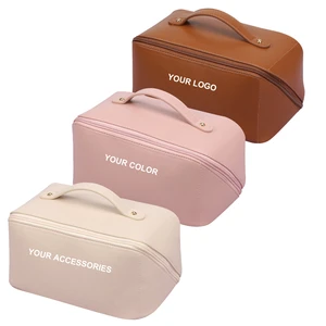 Custom Logo Travel Waterproof Portable Large Capacity Toiletry Cosmetic Bags Zipper PU Makeup Pouch Faux Leather Cosmetic Bag