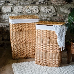 Laundry Storage Basket with Removable Cotton Lining & Lid Square Woven Rustic Style Rattan