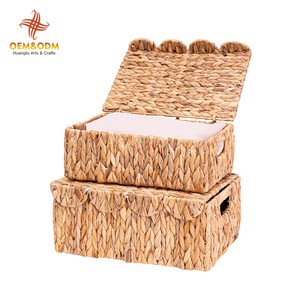 Handmade Rectangle Multi-Functional Toys Water Hyacinth Seagrass Wicker Picnic Storage Laundry Baskets With Lid Home Decoration