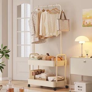 Simple Cream Style Double-Tier Indoor Metal Coat Rack for Living Room Movable Household Clothes Hanger Good Storage for Bedroom