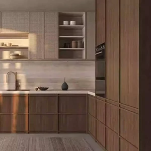 Customized Modern Design Natural Woven Rattan Wicker Solid Wood Skeleton Line Kitchen Cupboard Furniture Kitchen Cabinets