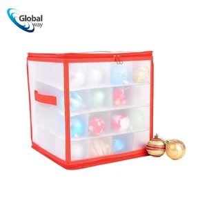 Premium 64 Grid Christmas Ornament Storage Box, Red & Clear Window Organizer with Carrying Handle for Baubles & Holiday Decor