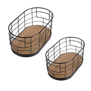 Portable Metal Wire Fruit Storage Baskets Kitchen Wire Baskets with Handle & Bamboo Board Pack 2