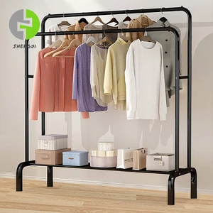Hot Sale Double Tier Multifunctional Iron Non-Folding Coat Rack Floor Type Movable Bottom Shelf Customized Color Storage Holders