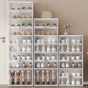 Haogle Dust-proof Magnetic Opening Collapsible Shoe Cabinet Installation Free Folding Multilayer Plastic Clear Shoes Box