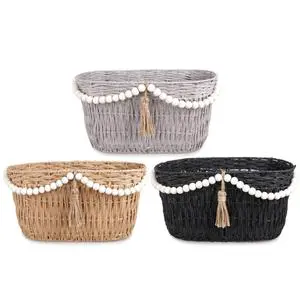Hand Woven Paper Rope Storage Basket with White Bead Tassel Trim Eco Friendly Farmhouse for Home Retail Office Storage Decor