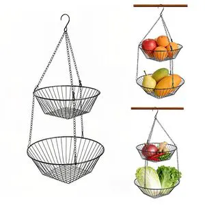 Household 2 Tiers Iron Wire Metal Hanging Basket Metal Fruit Basket for Kitchen Organizer