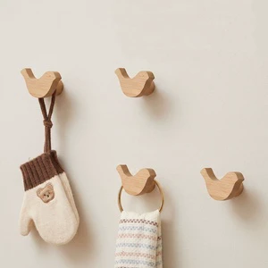 Wooden Bird Shape Wall Mount Hooks No Drill Beech Coat Hook Decorative Adhesive Key Towel Holder Self Adhesive Wall Hooks