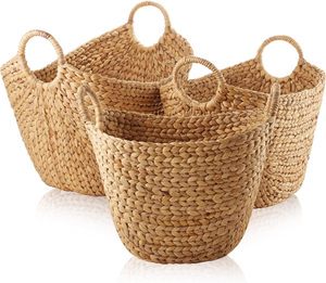 Multipurpose Boat Baskets With Handles - Natural, Woven Water Hyacinth Storage Organizers For Throw Blankets, Bedroom
