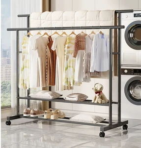 OEM/ODM Vietnam Double Rod Metal Coat Rack with Lockable Wheels Shoe Storage Shelf Garment Organizer Stand