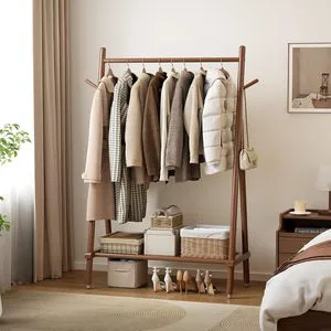 US Stock Muwuele Rubberwood Rolling Hanging Clothing Rack with Shelves 350 Lbs Load Capacity Portable Closet Organizer GYJ033
