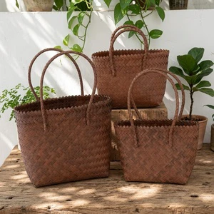 Modern Woven Storage Basket Handmade Wicker Basket Eco-Friendly Storage Rattan-Style Organizer Multi Purpose Basket with Handles