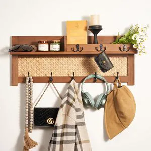 Wooden Entryway Wall Organizer Wall Mount Key Holder Coat Rack With Storage Shelf 8 Hooks Hallway Mudroom Wall Hanging Rack