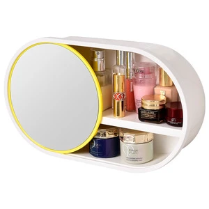 Wall-mounted Cosmetic Storage Box with Mirror Waterproof Makeup Organizer Plastic Bathroom Shelves