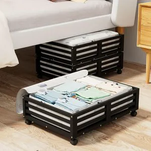 Black Bamboo Under Bed Storage Containers Underbed Organizer with Wheels, Under Bed Storage Organizer Drawer