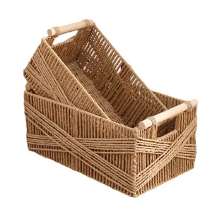 Handcrafted Woven Sloped Front X-shaped Storage Basket Set Nesting Rectangular Paper Rope Closet Bins Natural Wood Handles