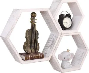 Antique wooden wall mounted hexagonal suspended storage rack honeycomb rack for kitchen and office wall decoration