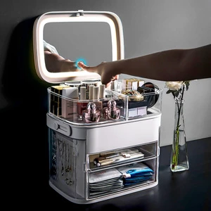 Factory Direct Sales Plastic Multifunction Cosmetic Storage Box Makeup Organizer Make up case With Light Mirror