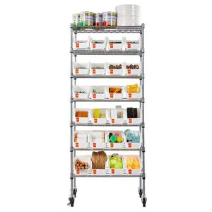 7-Tier Rolling Bin Storage Rack 24 Small Steel Wire Bins Mobile Tool Organizer for Garage Shelves Steel Wire Shelving System
