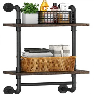 Industrial Floating 2-Tier Wall-Mounted Towel Rack Storage Shelf Iron Rust Proof Space Saving Retro Design Bathroom Kitchen