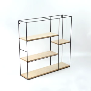 Metal Frame Wall Mounted Wood Display Rack Storage Shelf for Bedroom
