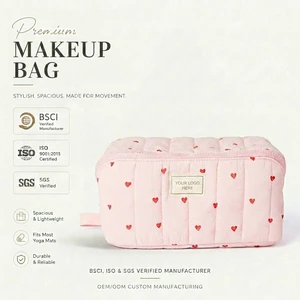 Custom Logo Portable Travel Makeup Bag Water Resistant Large Capacity Cotton Quilted Zipper Hasp Closure Soft Handle Cosmetics