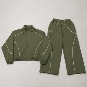 Custom Clothing Manufacture Lightweight Breathable Oversized Baggy Windbreaker 2PC Casual Plain Tracksuits Piping 100% Cotton