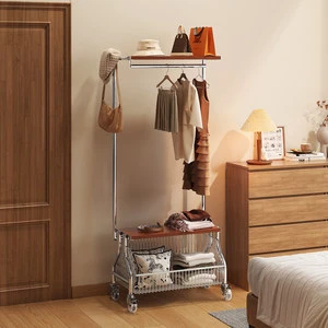 Medieval Style Rubberwood Floor-standing Coat Rack for Bedroom Entryway 2026 New Model Movable Storage Rack for Used Clothes