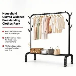 Heavy Duty Anti-rust Black 7 Side Hooks Double Layer Mesh Storage Organizer for Family Closet Freestanding Garment Stand