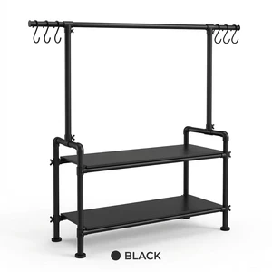 Metal Welded Hat Coat Storage Rack with 2 Shelves & S-Hooks 100KG Load Tool-Free Assembly Entryway Bedroom Garment Rack