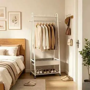 Portable Double Layer Metal Coat Rack Foldable Iron for Bedroom Office Living Room Clothes Pants Shoes Storage Space-Saving