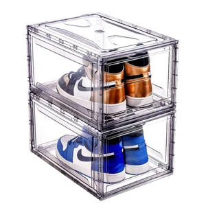 Home Storage Rectangle Transparent PET Stackable Eco-Friendly Folding Shoe Storage Boxes with Magnetic Closure for Sneakers