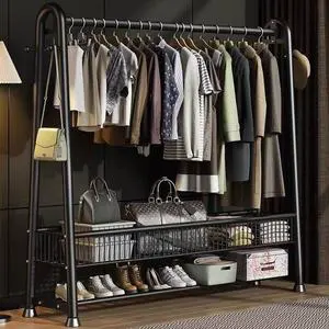 Custom Large Capacity Double-Tier Rust-Proof Coat Rack for Bedroom Carbon Steel Clothes Rack Storage Shelves for Bag Storage