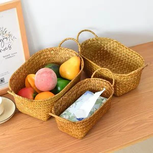 Woven Storage Basket with Handle Wicker Picnic Basket Sundries Organizer Woven Laundry Basket Seaweed Box Kitchen Fruit Organize