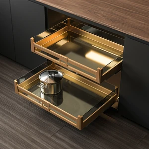 Modern Double Layer Pull-Out Cabinet Organizer Soft Closing Function for Kitchen Storage Space-Saving Drawer Organizers