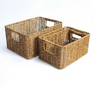 Rectangular PP Rattan Woven Hanging Storage Basket With Handles Wicker Organizer Bins For Kitchen And Bathroom Shelves