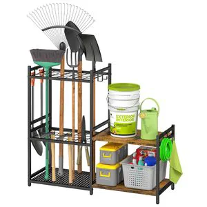 Wideny Metal Steel Easy Assemble Garage Tool Organizer with 2-tier Wooden Shelves 6 Hooks for Home Kitchen Garden Storage Ra