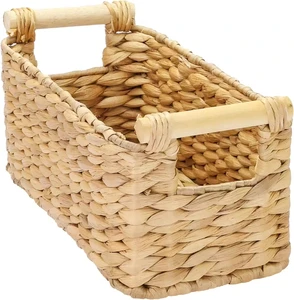 Large Hand-Woven Water Hyacinth Storage Basket with Wooden Handles, Rectangular Wicker Organizer Bin for Home, 37x22x20cm